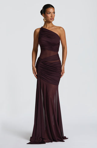 DIA Marianne Maxi Dress Asymmetric Mesh Panel Plum