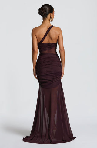 DIA Marianne Maxi Dress Asymmetric Mesh Panel Plum