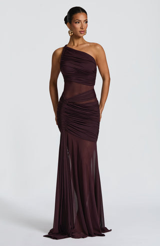 DIA Marianne Maxi Dress Asymmetric Mesh Panel Plum