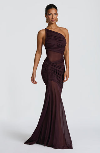 DIA Marianne Maxi Dress Asymmetric Mesh Panel Plum