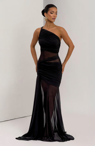 DIA Marianne Maxi Dress Asymmetric Mesh Panel Plum