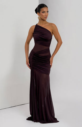 DIA Marianne Maxi Dress Asymmetric Mesh Panel Plum