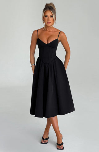 M.T Mariella Midi Dress Corseted Cotton Black With Straps