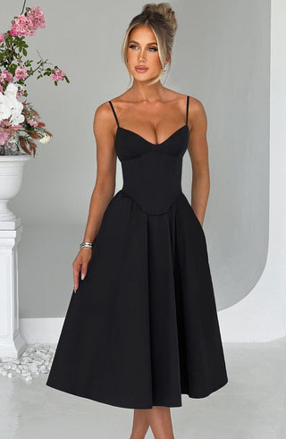 M.T Mariella Midi Dress Corseted Cotton Black With Straps