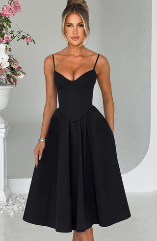 M.T Mariella Midi Dress Corseted Cotton Black With Straps