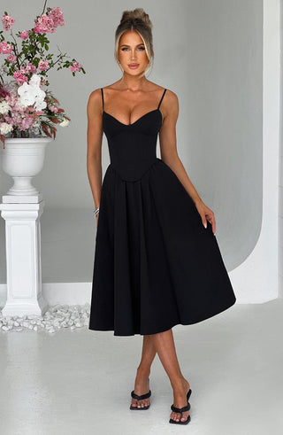 M.T Mariella Midi Dress Corseted Cotton Black With Straps