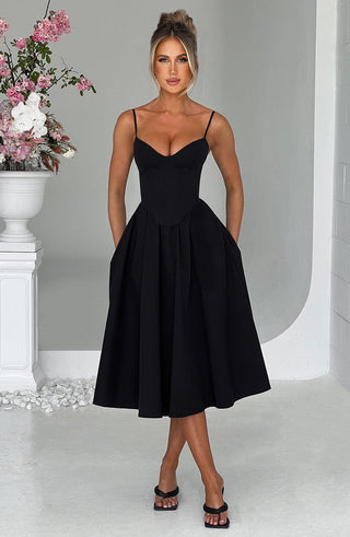 M.T Mariella Midi Dress Corseted Cotton Black With Straps