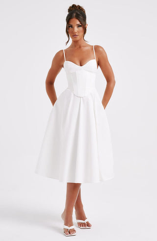 M.T Mariella Midi Dress Corseted Bodice Cotton Blend Ivory