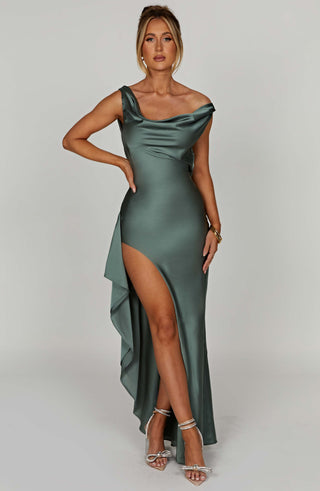 M.T Marilyn Maxi Dress Satin Off-Shoulder Thigh-Split Sage