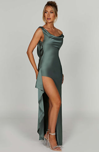 M.T Marilyn Maxi Dress Satin Off-Shoulder Thigh-Split Sage