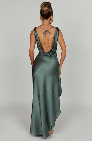 M.T Marilyn Maxi Dress Satin Off-Shoulder Thigh-Split Sage