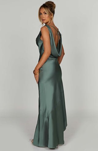 M.T Marilyn Maxi Dress Satin Off-Shoulder Thigh-Split Sage