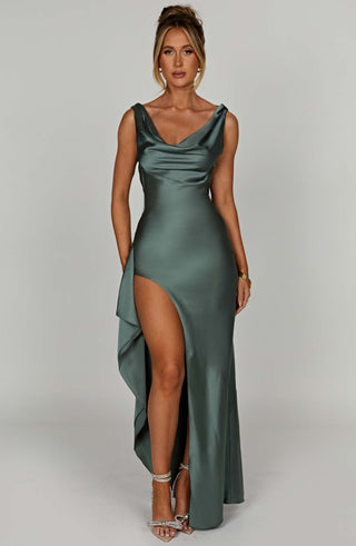 M.T Marilyn Maxi Dress Satin Off-Shoulder Thigh-Split Sage