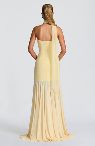 S.M Merritt Strapless Crepe Gown Semi-Sheer Mesh Lemon