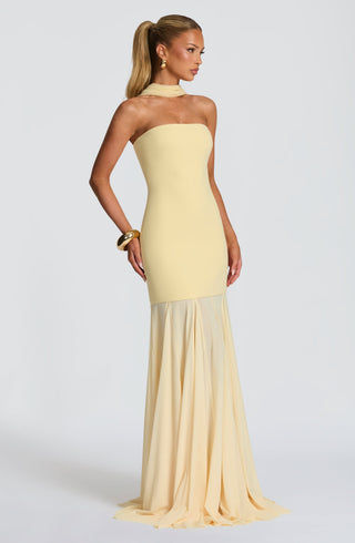 S.M Merritt Strapless Crepe Gown Semi-Sheer Mesh Lemon