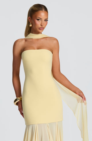 S.M Merritt Strapless Crepe Gown Semi-Sheer Mesh Lemon