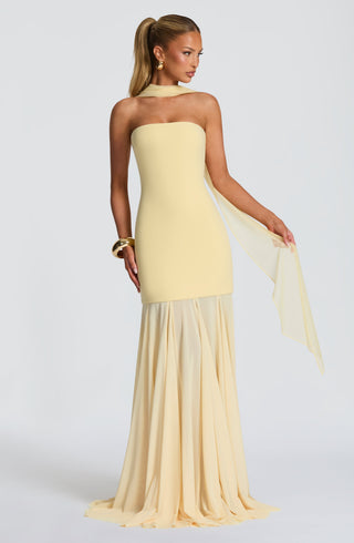 S.M Merritt Strapless Crepe Gown Semi-Sheer Mesh Lemon