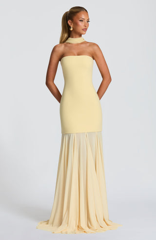 S.M Merritt Strapless Crepe Gown Semi-Sheer Mesh Lemon