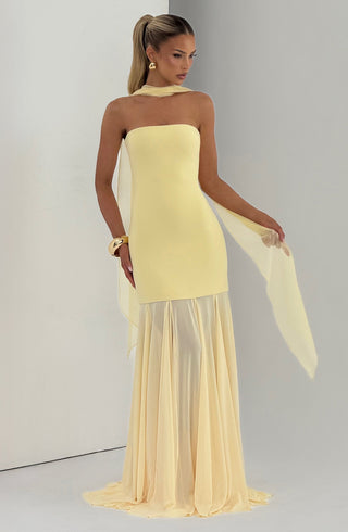 S.M Merritt Strapless Crepe Gown Semi-Sheer Mesh Lemon