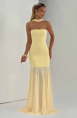 S.M Merritt Strapless Crepe Gown Semi-Sheer Mesh Lemon