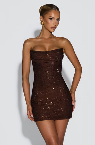 L.F Mirabella Mini Dress Embellished Mesh Hotfix Rhinestones Plum Brown