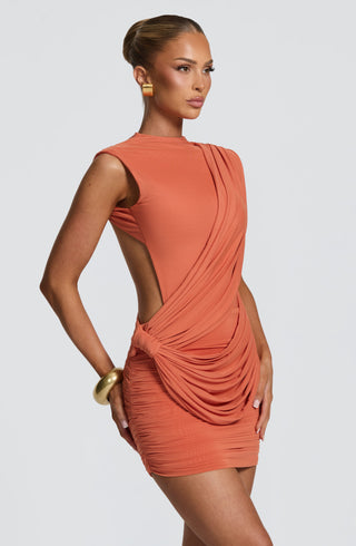 R.F Mireya Mini Dress Double-Layer Modal Mesh Burnt Orange