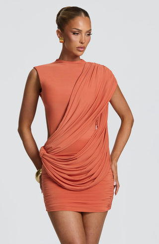 R.F Mireya Mini Dress Double-Layer Modal Mesh Burnt Orange