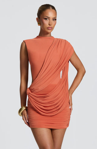 R.F Mireya Mini Dress Double-Layer Modal Mesh Burnt Orange