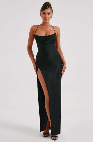 M.T Misha Maxi Dress Bias-Cut Stretch Satin Black