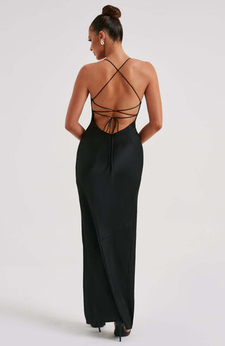 M.T Misha Maxi Dress Bias-Cut Stretch Satin Black