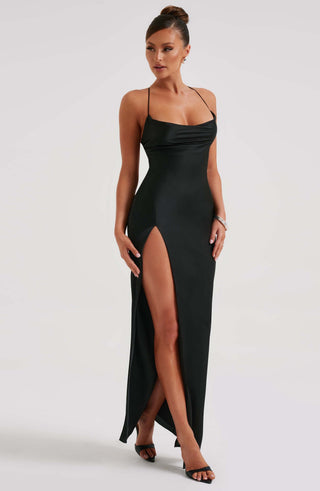 M.T Misha Maxi Dress Bias-Cut Stretch Satin Black