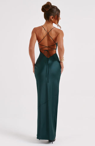 M.T Misha Maxi Dress Bias Cut Stretch Satin Emerald
