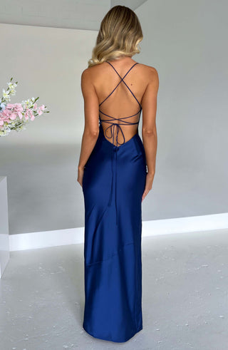 M.T Misha Maxi Dress Bias-Cut Stretch Satin Navy