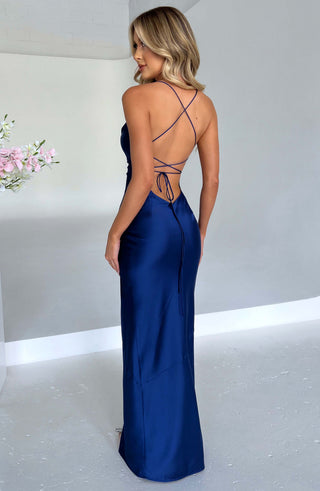 M.T Misha Maxi Dress Bias-Cut Stretch Satin Navy