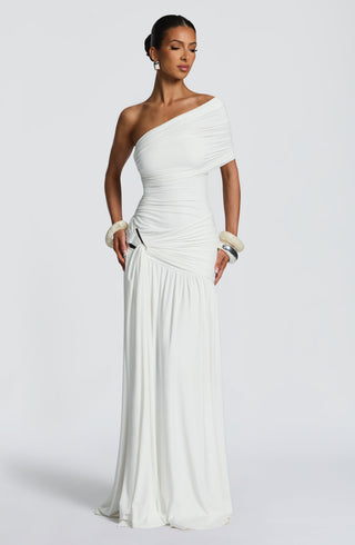 DIA Monica Maxi Dress One-Shoulder Bardot Asymmetric Pleated White
