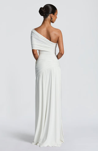 DIA Monica Maxi Dress One-Shoulder Bardot Asymmetric Pleated White