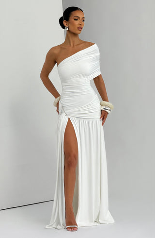 DIA Monica Maxi Dress One-Shoulder Bardot Asymmetric Pleated White