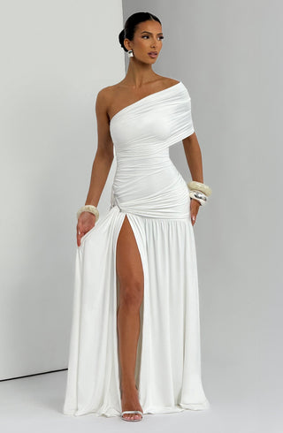 DIA Monica Maxi Dress One-Shoulder Bardot Asymmetric Pleated White