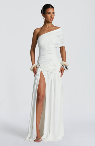 DIA Monica Maxi Dress One-Shoulder Bardot Asymmetric Pleated White