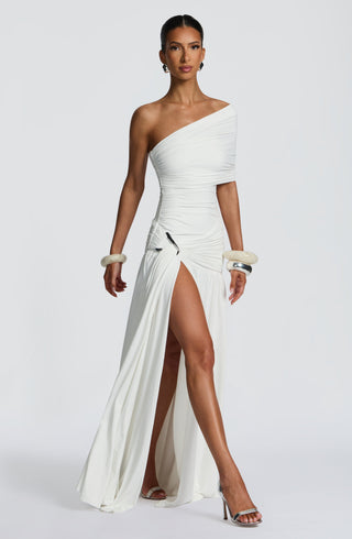 DIA Monica Maxi Dress One-Shoulder Bardot Asymmetric Pleated White