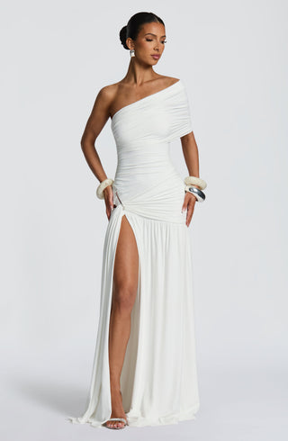 DIA Monica Maxi Dress One-Shoulder Bardot Asymmetric Pleated White