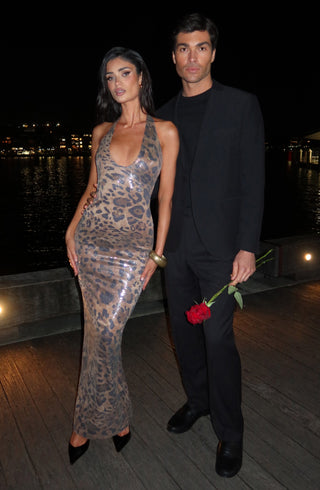 T.X Morena Maxi Dress Sequin Embroidered Leopard Print Halter