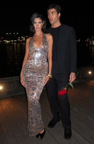 T.X Morena Maxi Dress Sequin Embroidered Leopard Print Halter