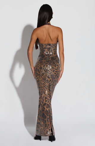 T.X Morena Maxi Dress Sequin Embroidered Leopard Print Halter