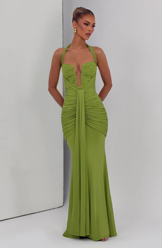 DIA Morrigan Maxi Dress Mermaid Silhouette Halter Olive