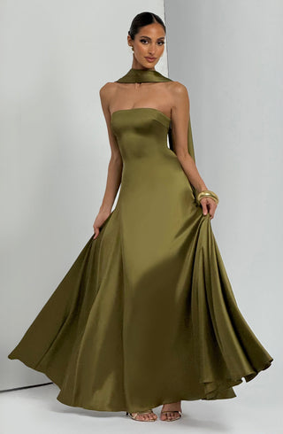 M.T Morven Maxi Strapless Satin Dress Deep Olive