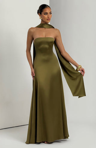 M.T Morven Maxi Strapless Satin Dress Deep Olive