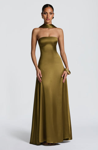 M.T Morven Maxi Strapless Satin Dress Deep Olive