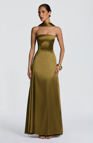M.T Morven Maxi Strapless Satin Dress Deep Olive