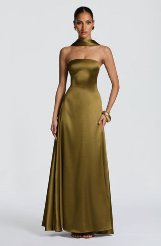 M.T Morven Maxi Strapless Satin Dress Deep Olive